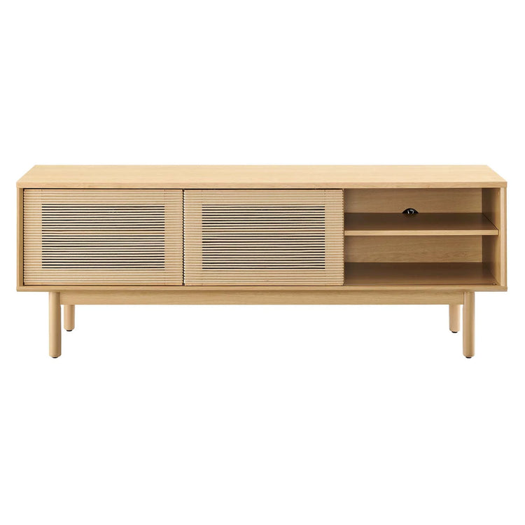 Mueble de 59” para TV con cuerda tejida Areu de frente con una puerta deslizada.