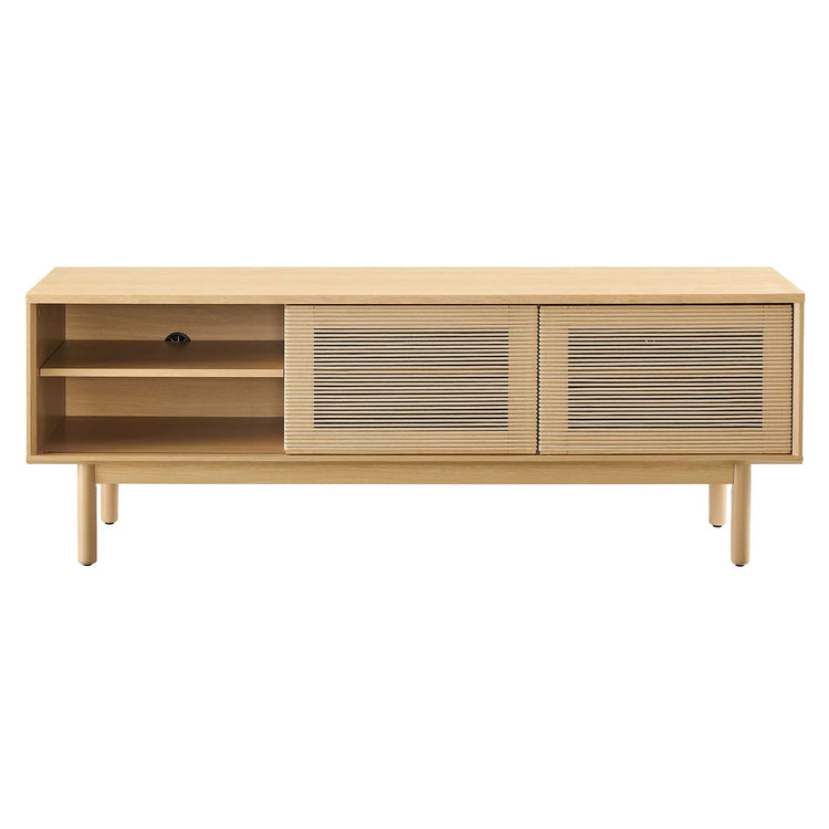 Mueble de 59” para TV con cuerda tejida Areu de frente con la puerta izquierda deslizada.