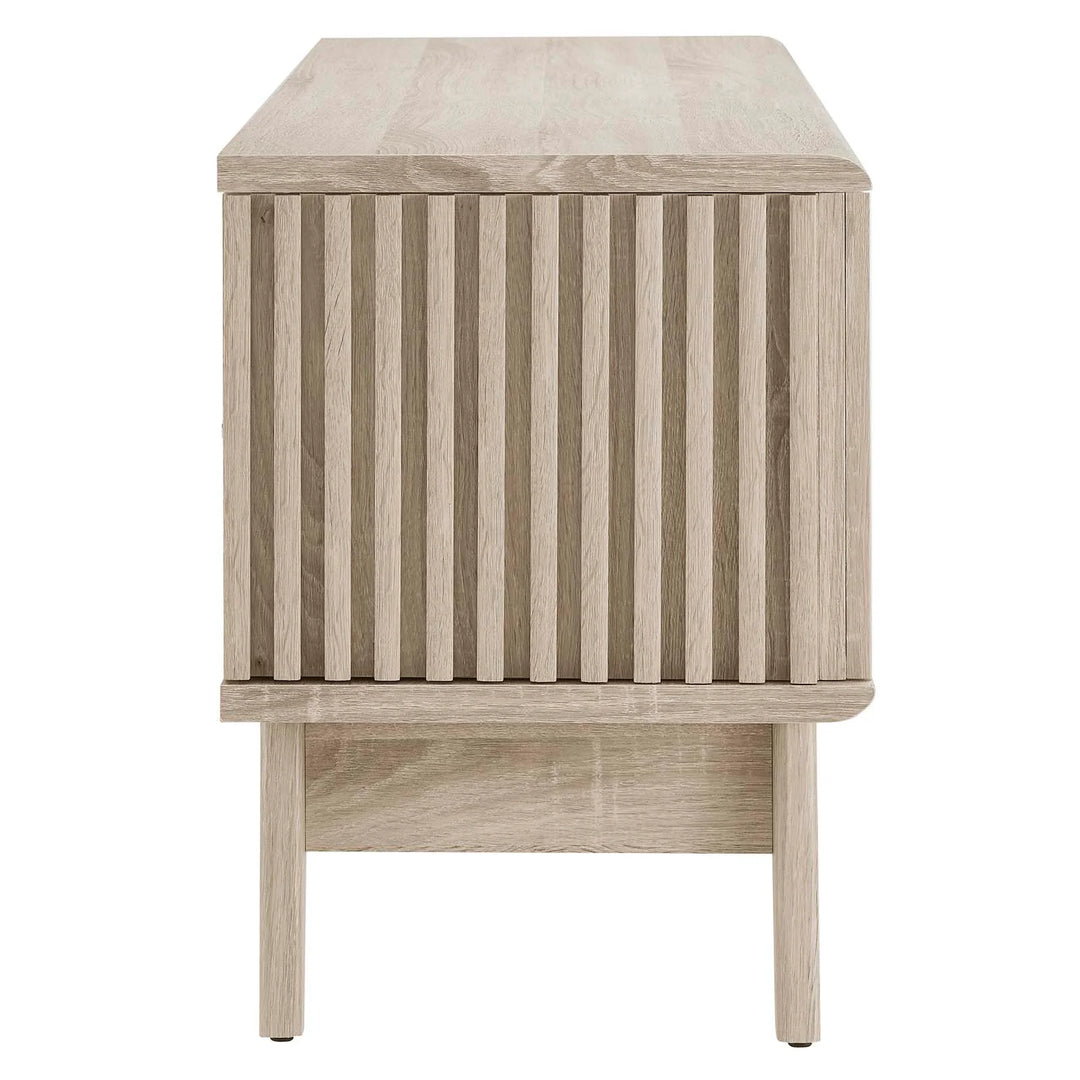 Mueble de 60" para TV con almacenamiento Falcon color roble de lado.