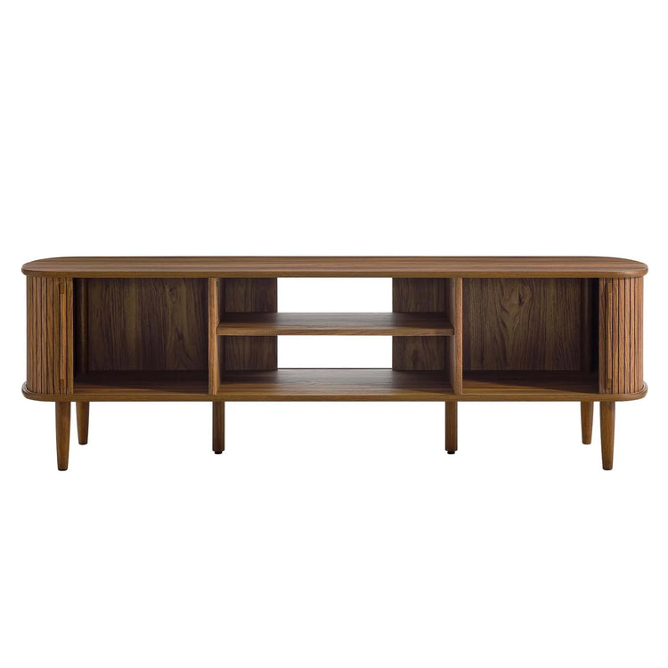 Mueble de 63” para TV Bart color nogal con puertas deslizables abiertas.