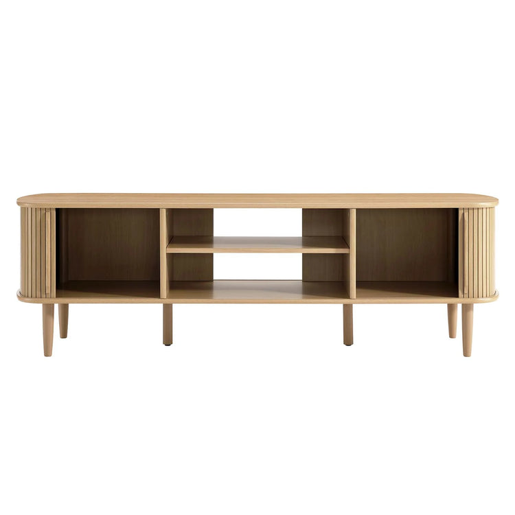 Mueble de 63” para TV Bart color roble con puertas deslizables abiertas.