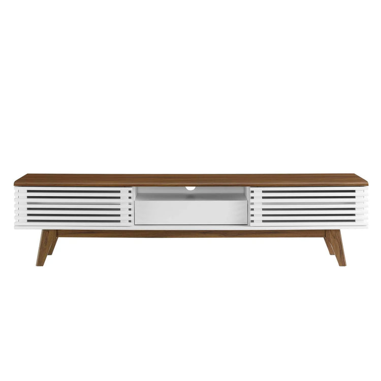 Mueble de 70” para TV Niklas color nogal y blanco de frente.