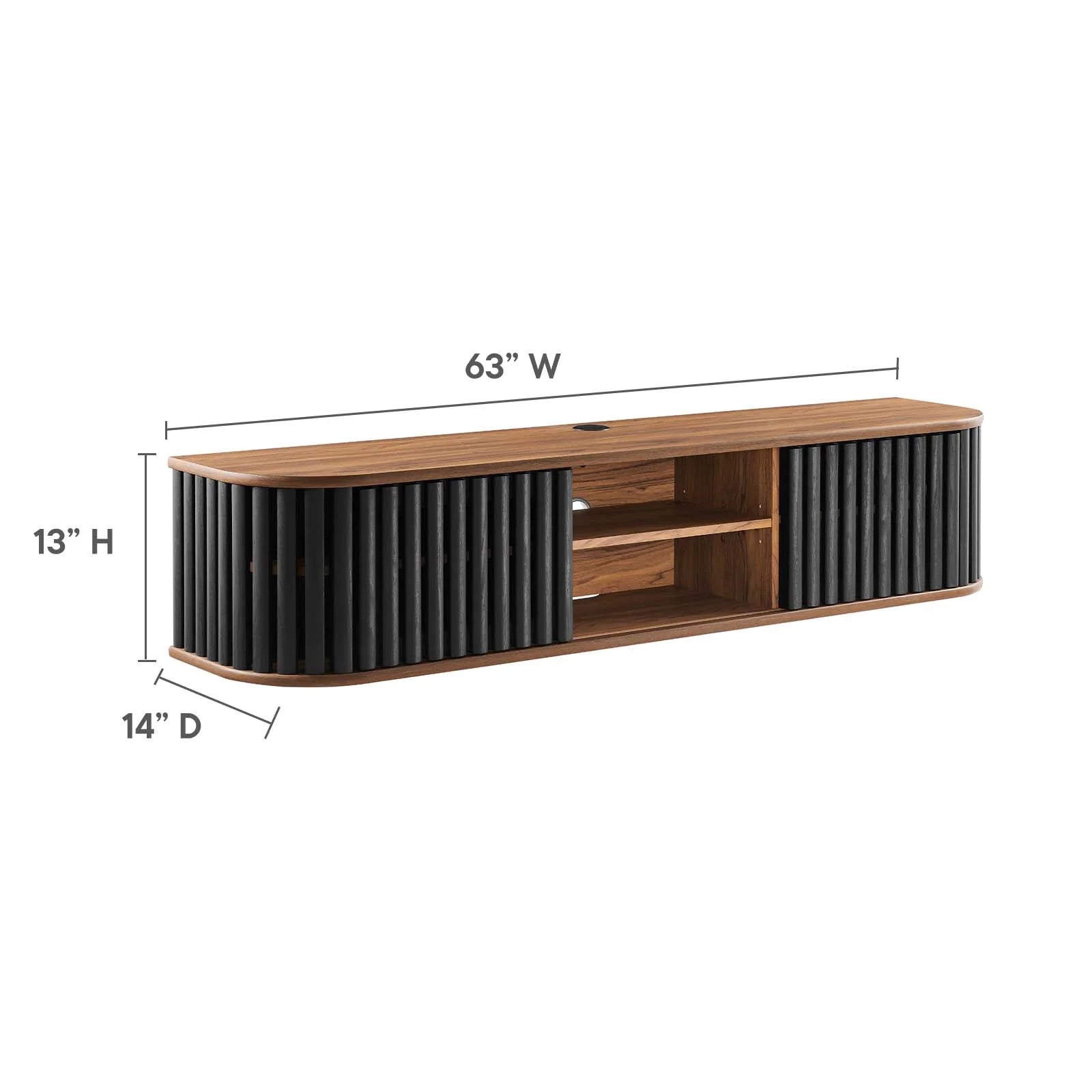 Mueble de pared negro ovalado estriado color nogal para TV Veron dimensiones.