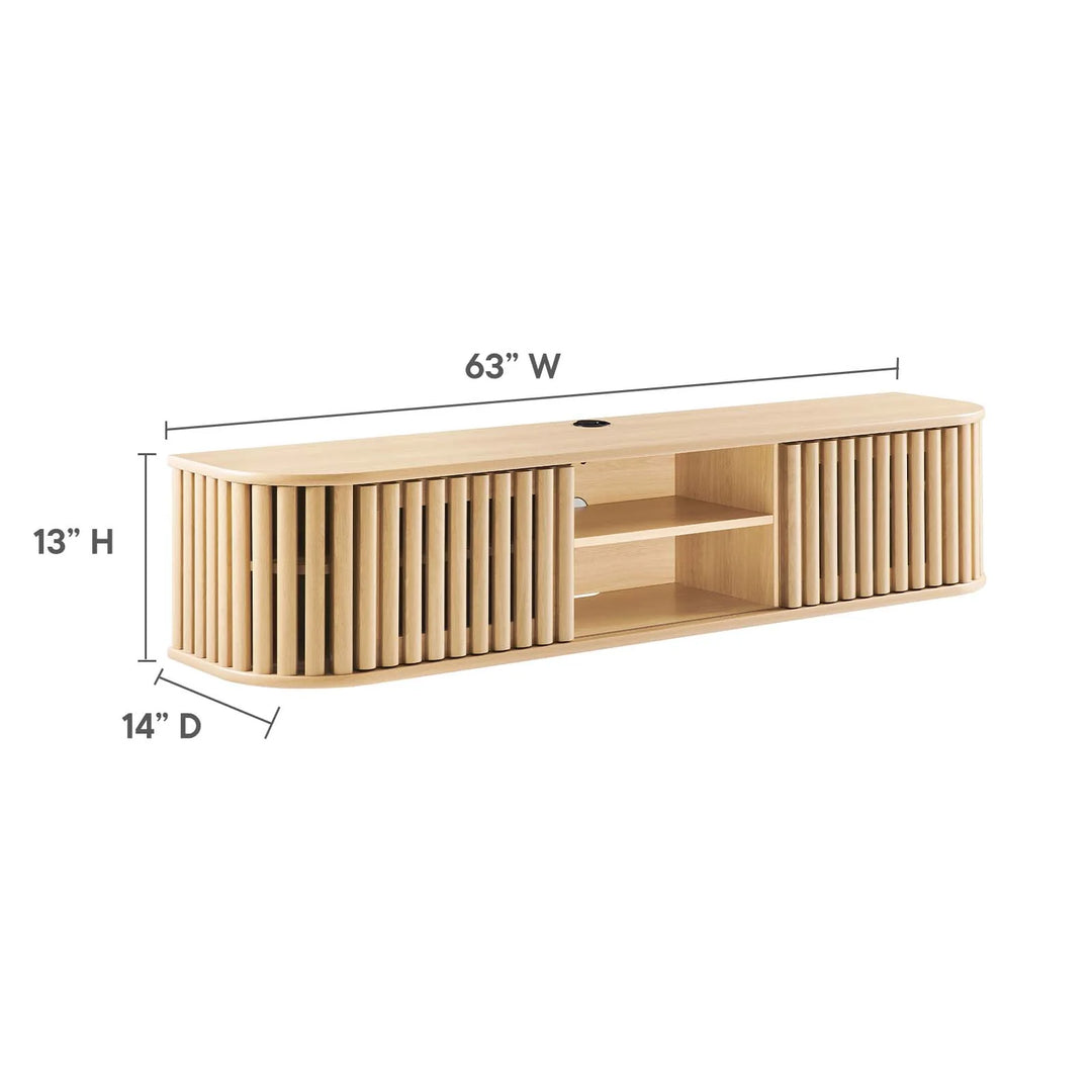 Mueble de pared ovalado estriado color roble para TV Veron dimensiones.