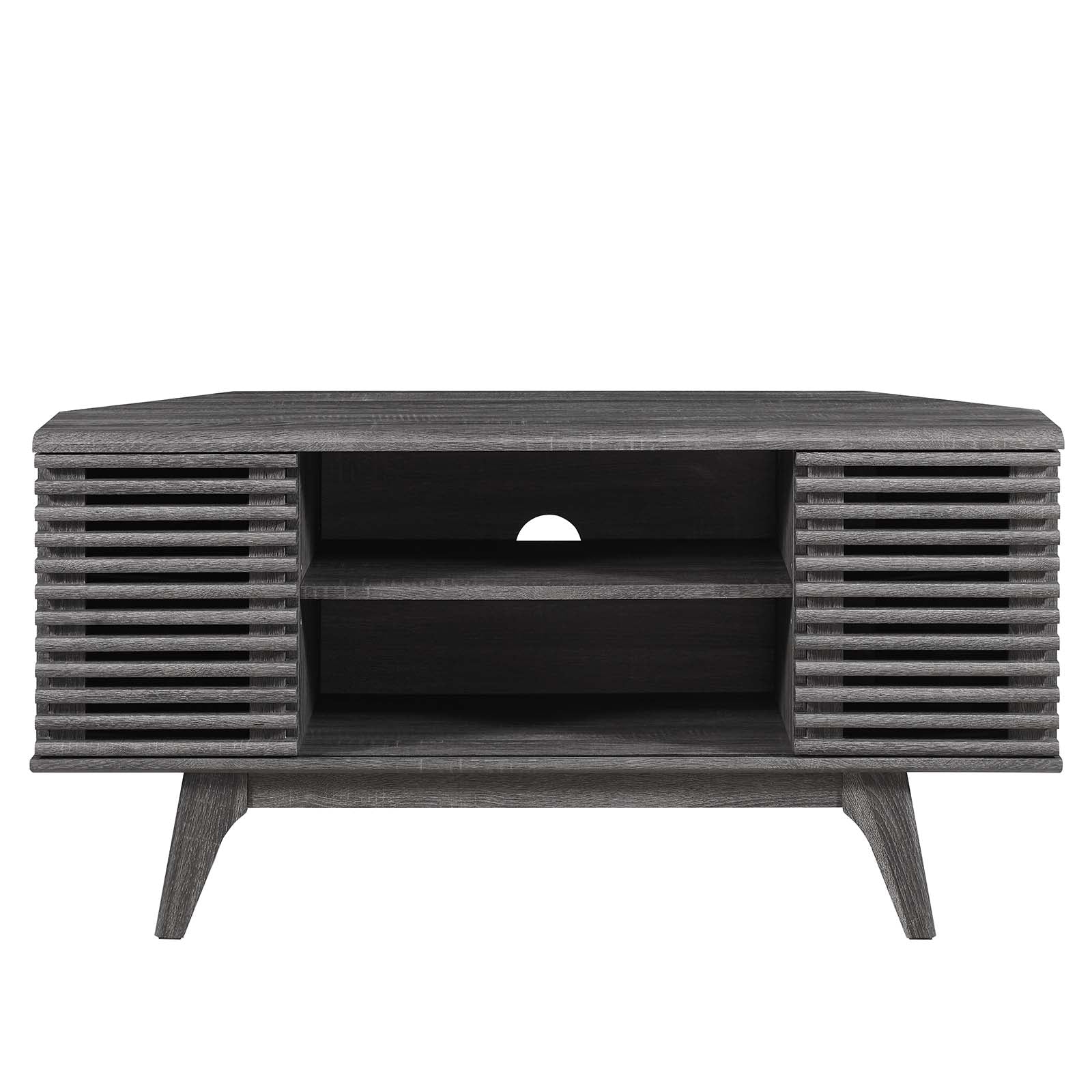 Mueble esquinero de 46” para TV Niklas color negro de frente.