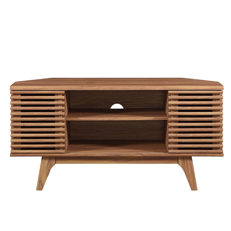 Mueble esquinero de 46” para TV Niklas color nogal de frente.