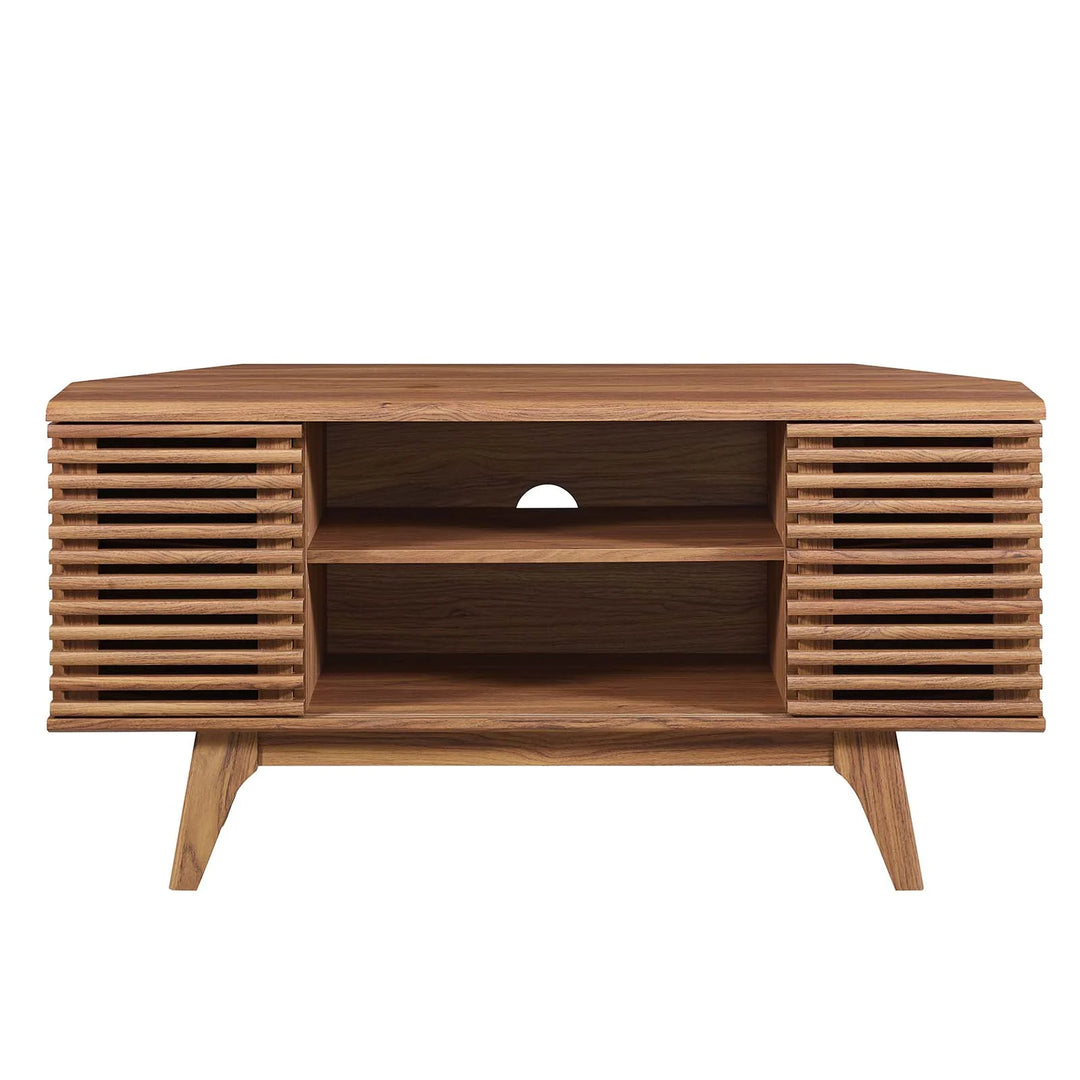 Mueble esquinero de 46” para TV Niklas color nogal de frente.