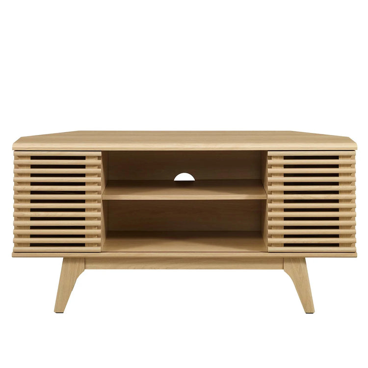 Mueble esquinero de 46” para TV Niklas color roble de frente.