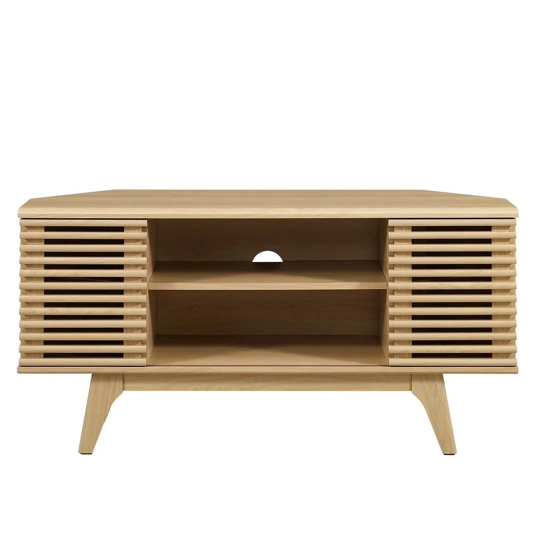 Mueble esquinero de 46” para TV Niklas color roble de frente.