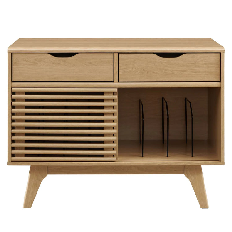 Mueble grande de exhibición de discos de vinilo Niklas color roble de frente.