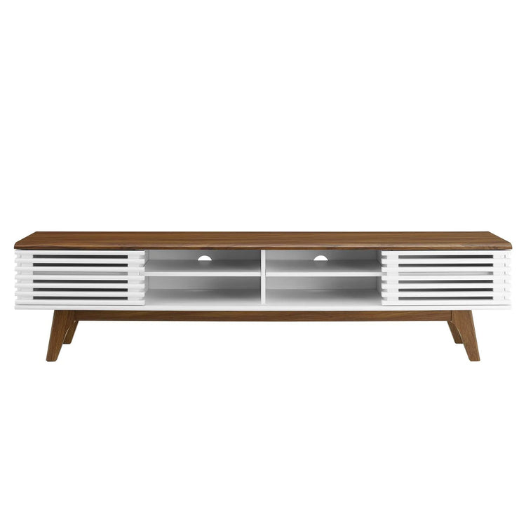 Mueble multimedia de 70” para TV Niklas color nogal y blanco de frente.