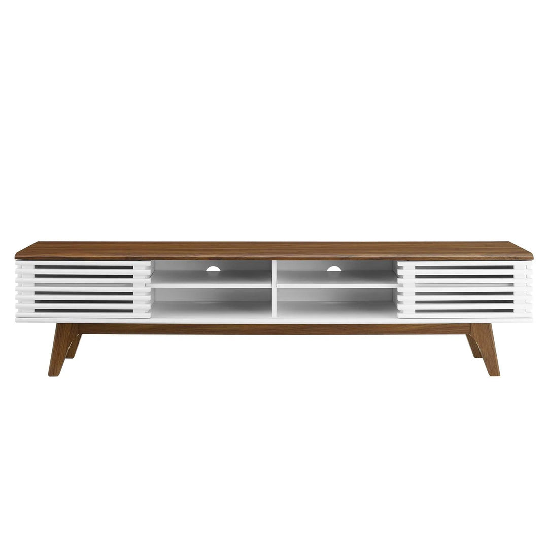 Mueble multimedia de 70” para TV Niklas color nogal y blanco de frente.