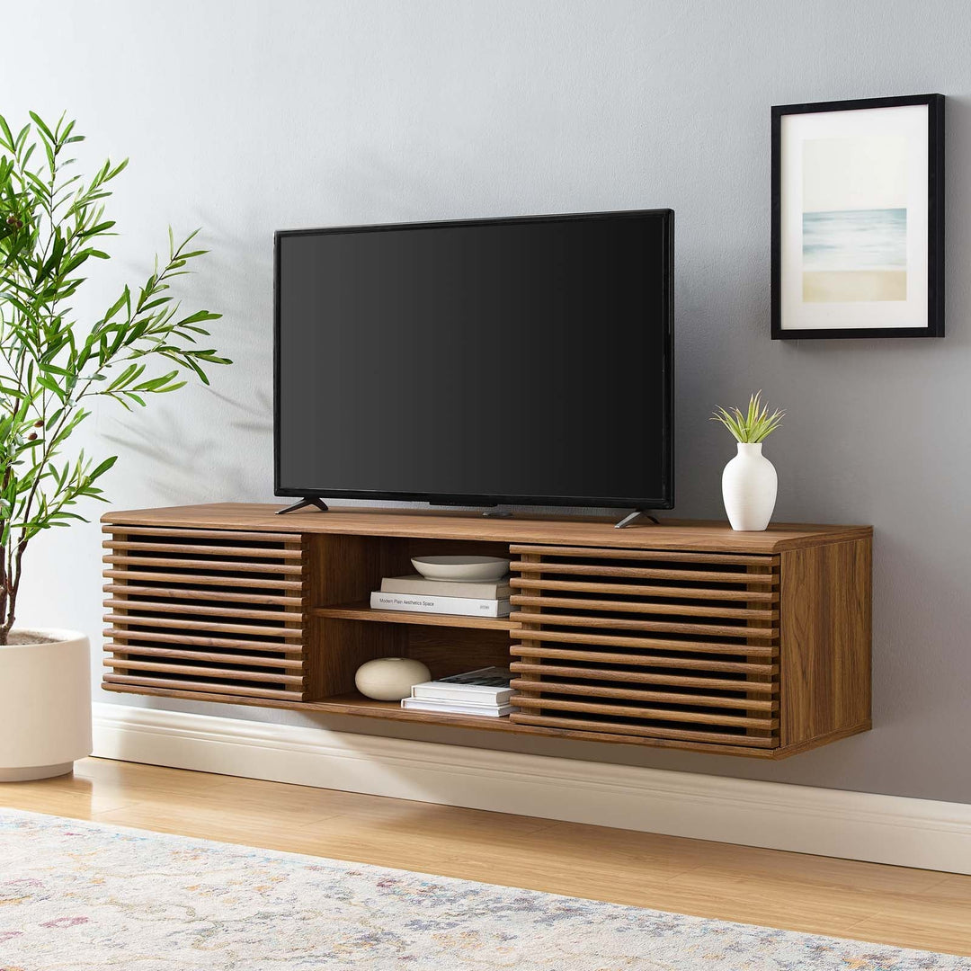 Mueble multimedia flotado de 60” para TV Niklas en una sala.