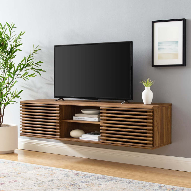 Mueble multimedia flotado de 60” para TV Niklas en una sala.