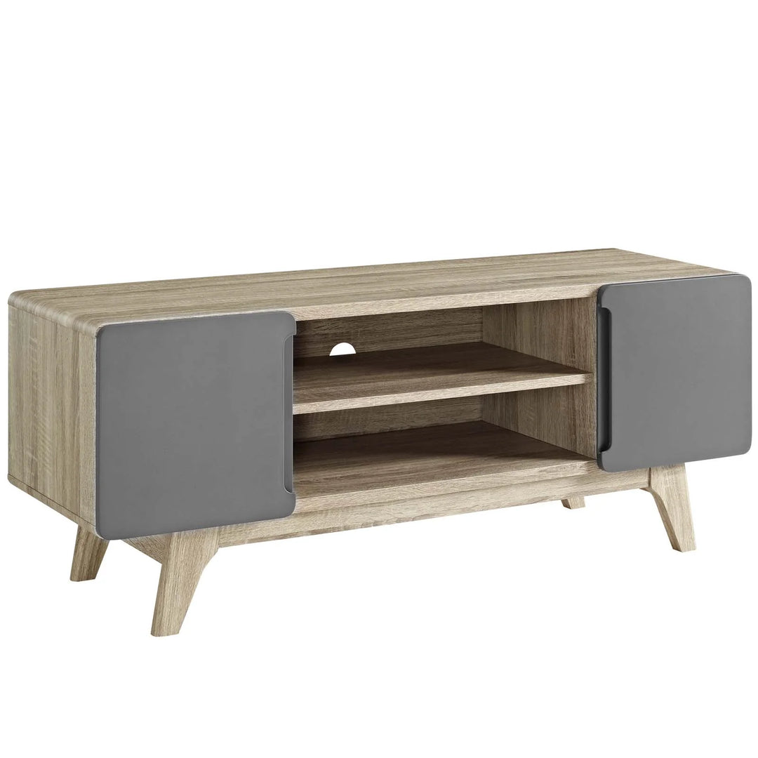 Mueble para TV 47” Hades color café nogal con puertas grises.