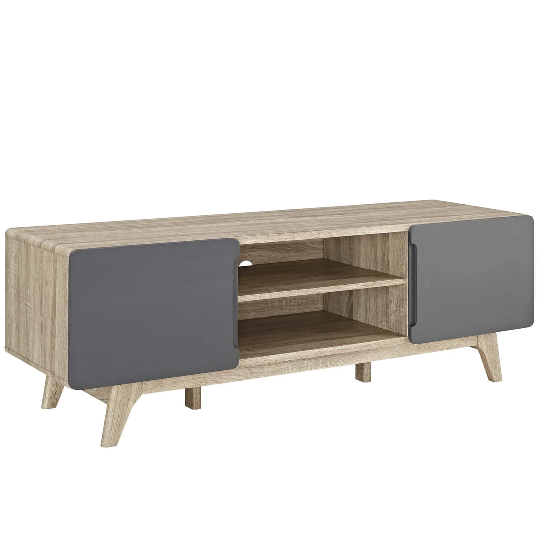 Mueble para TV 59” Hades color nogal con puertas grises.