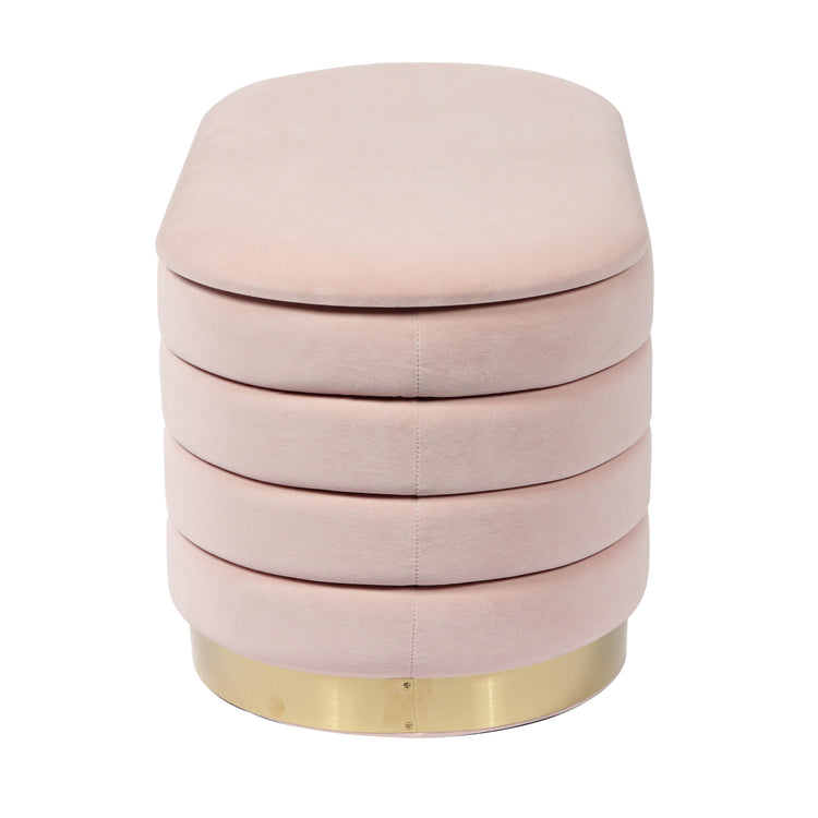 Ottoman con almacenaje de terciopelo rosa Petrus de lado.