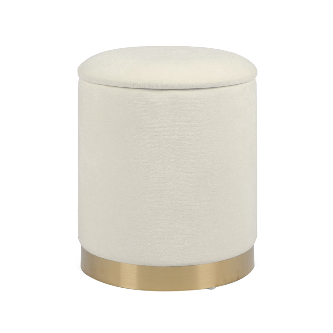 Ottoman de chenilla con almacenamiento Parisa color crema y dorado.