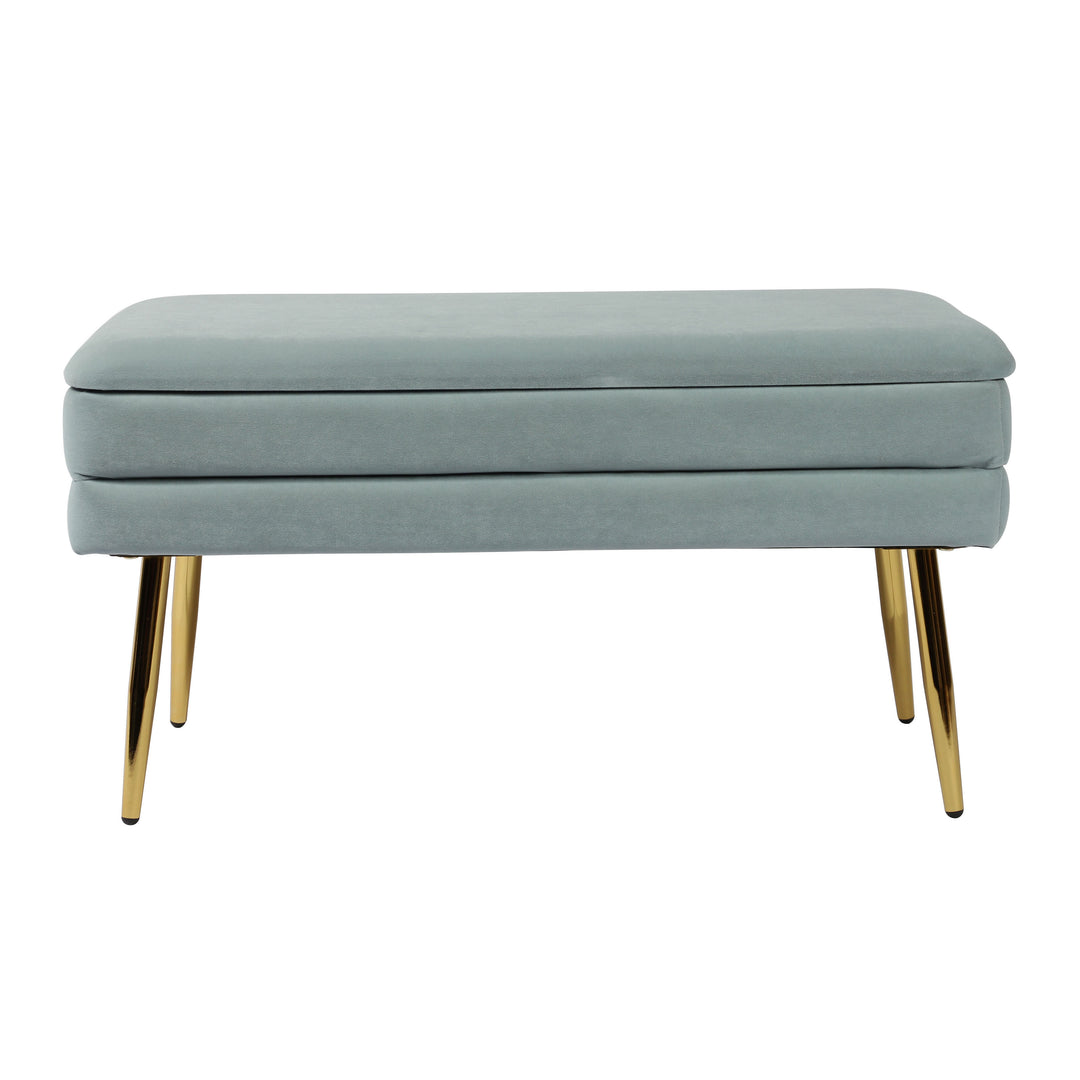 Ottoman estilo banca con almacenaje Tayo de terciopelo color azul.