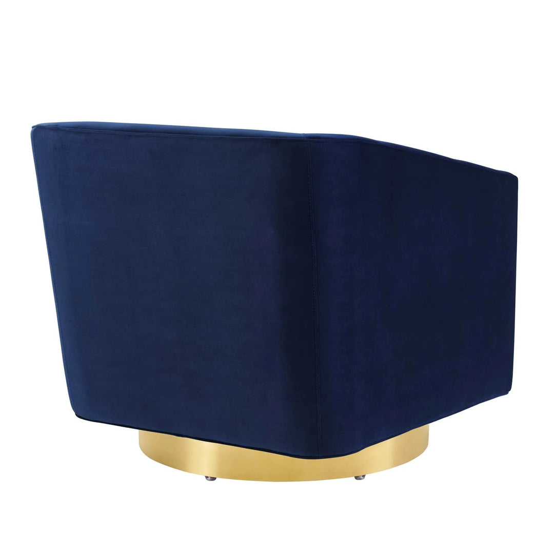 Silla de acento giratoria de terciopelo Eliar azul con dorado cepillado de espaldas.