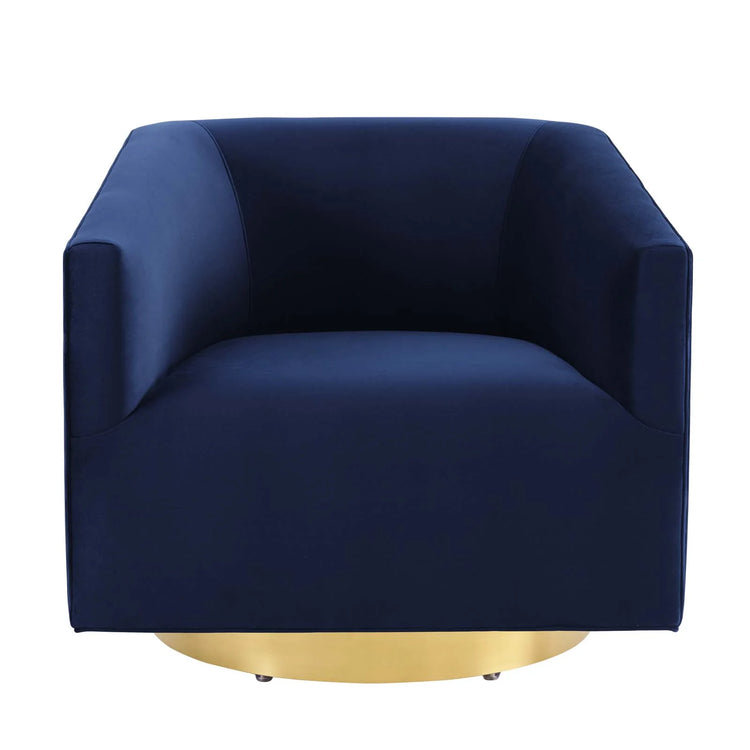 Silla de acento giratoria de terciopelo Eliar azul con dorado cepillado de frente.