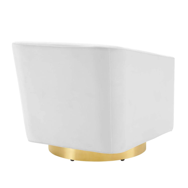 Silla de acento giratoria de terciopelo Eliar blanco con dorado cepillado de espaldas.