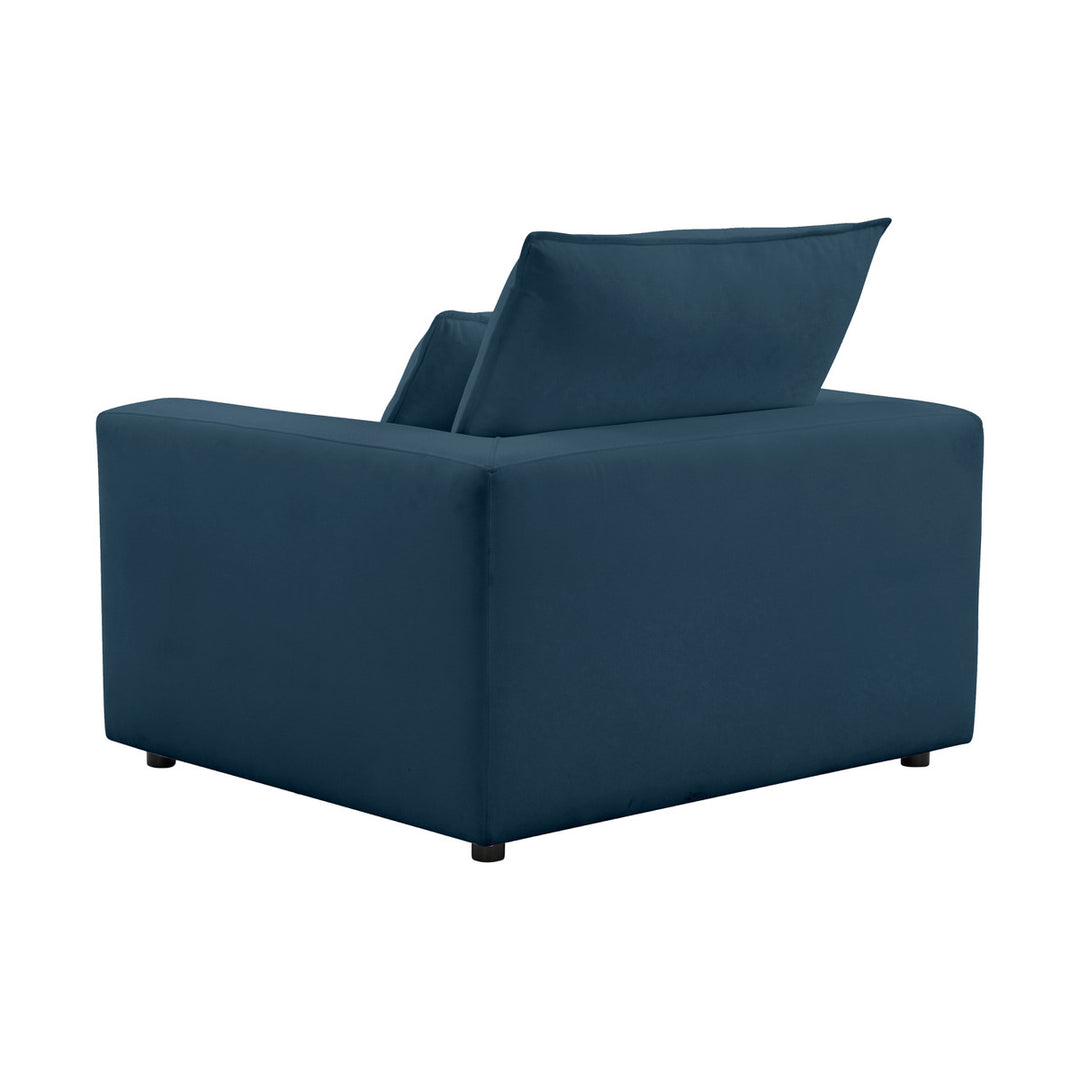 Silla de acento Lucía color azul de espaldas.