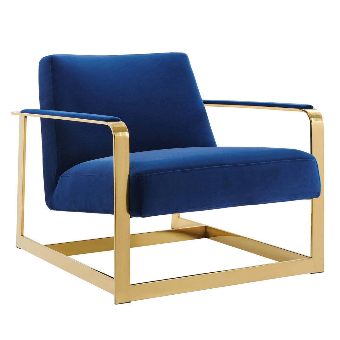 Silla de acento de acero inoxidable dorado y terciopelo azul Izan.