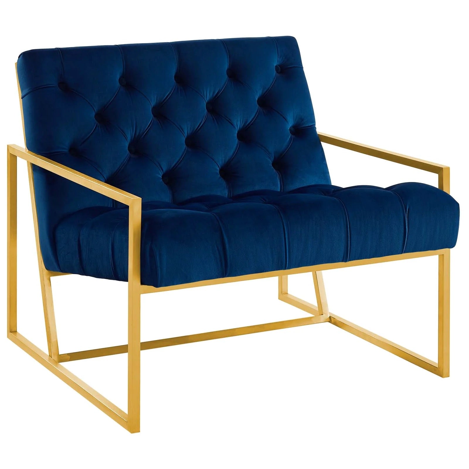 Silla de acento de acero inoxidable dorado y terciopelo azul Vivante.