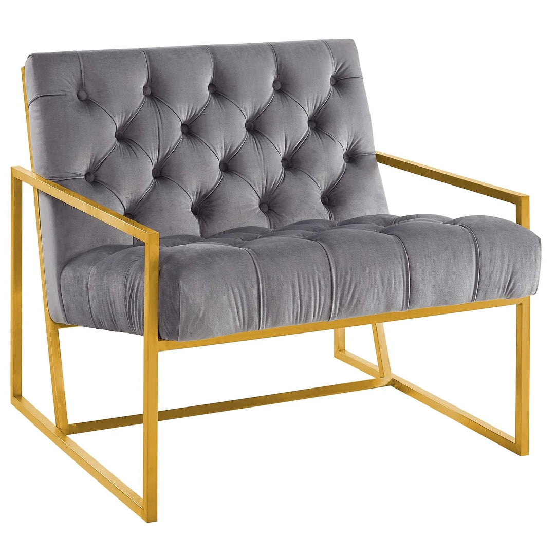 Silla de acento de acero inoxidable dorado y terciopelo gris Vivante.