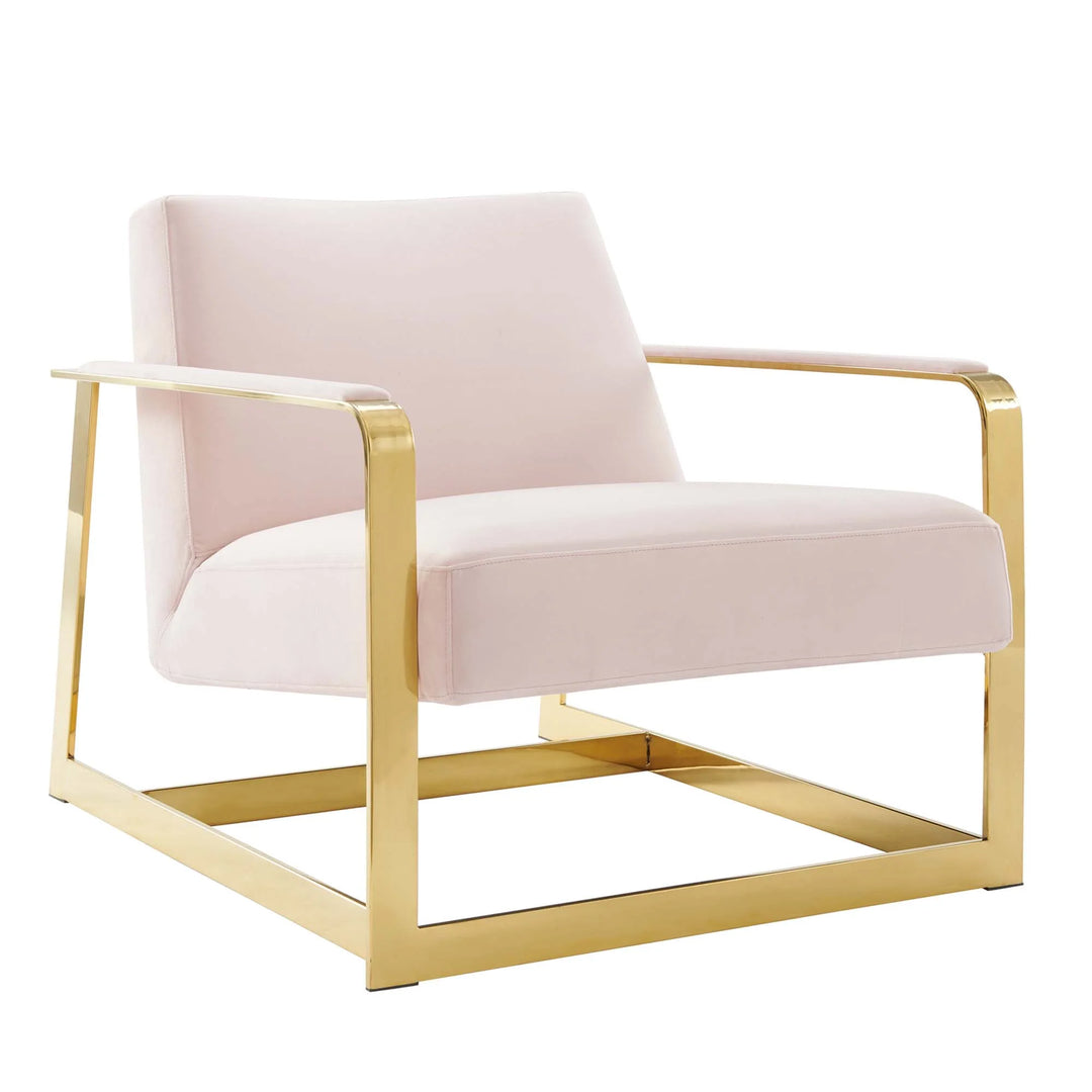 Silla de acento de acero inoxidable dorado y terciopelo rosa Izan.