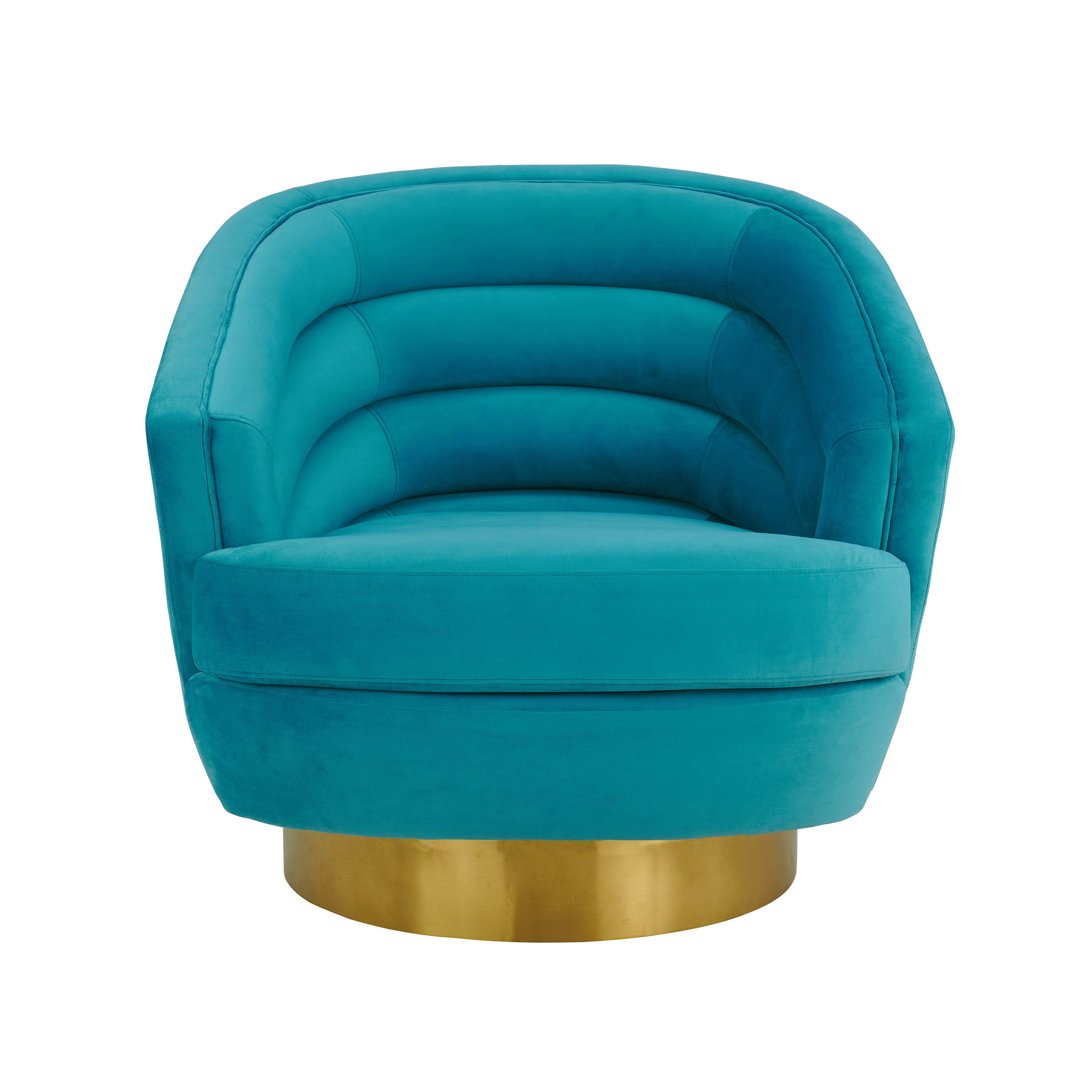 Silla de acento de terciopelo azul y base dorado cepillado Ara de frente.