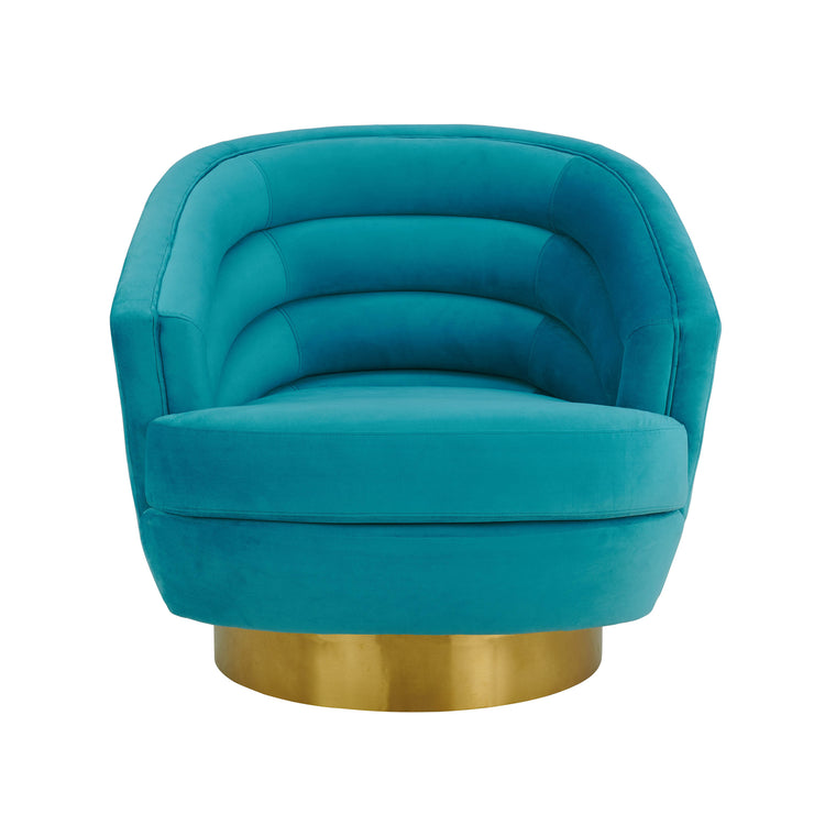 Silla de acento de terciopelo azul y base dorado cepillado Ara de frente.