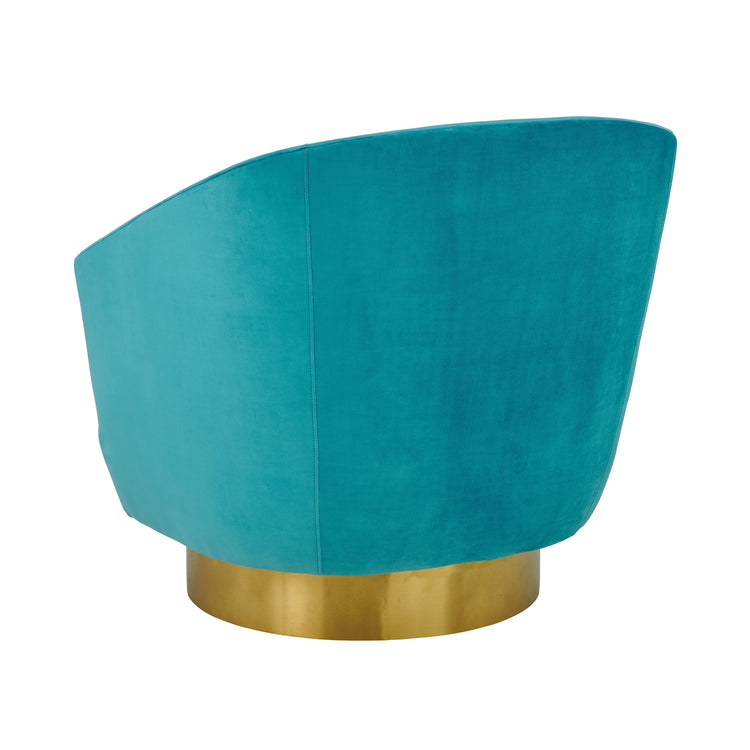 Silla de acento de terciopelo azul y base dorado cepillado Ara de espaldas.