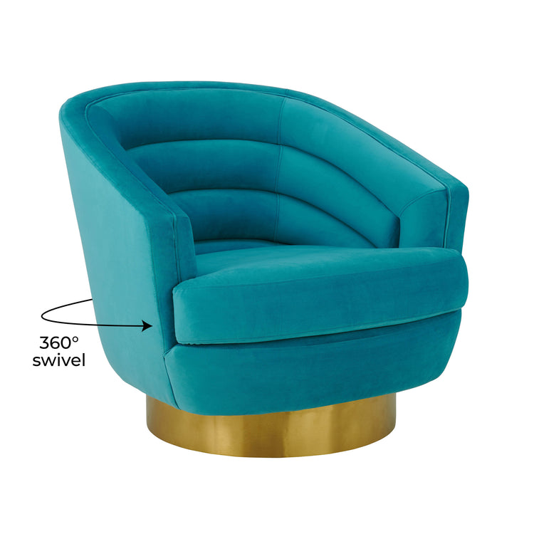 Silla de acento de terciopelo azul y base dorado cepillado Ara giratorio.