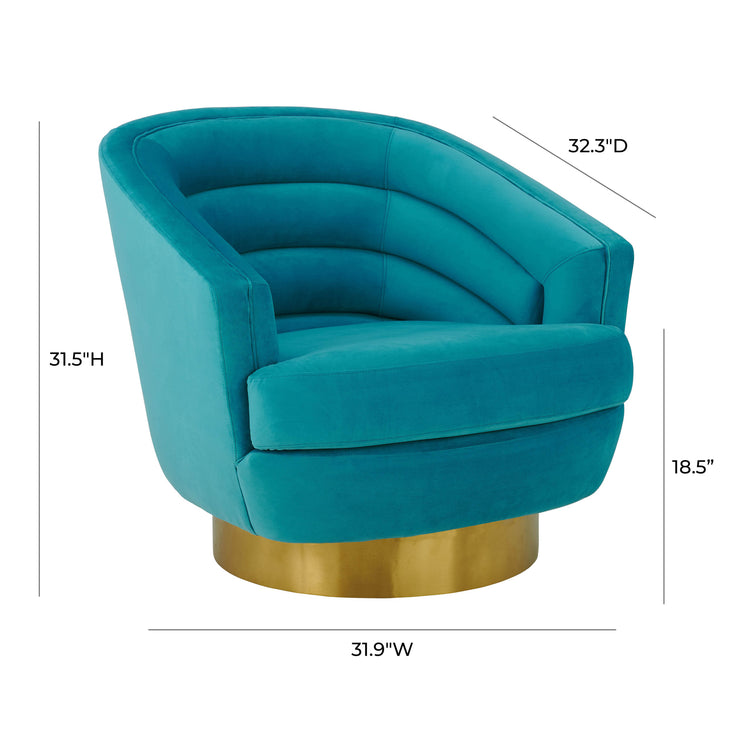 Silla de acento de terciopelo azul y base dorado cepillado Ara dimensiones.
