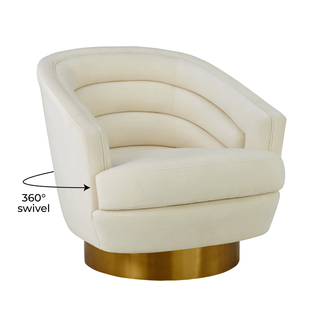 Silla de acento de terciopelo crema y base dorado cepillado Ara giratorio.