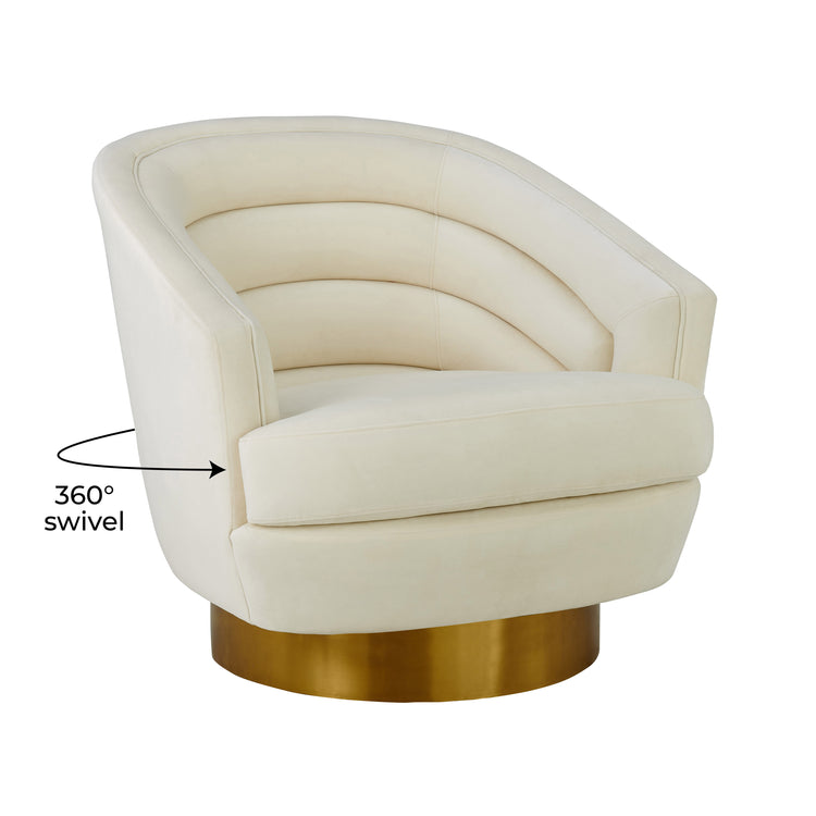 Silla de acento de terciopelo crema y base dorado cepillado Ara giratorio.
