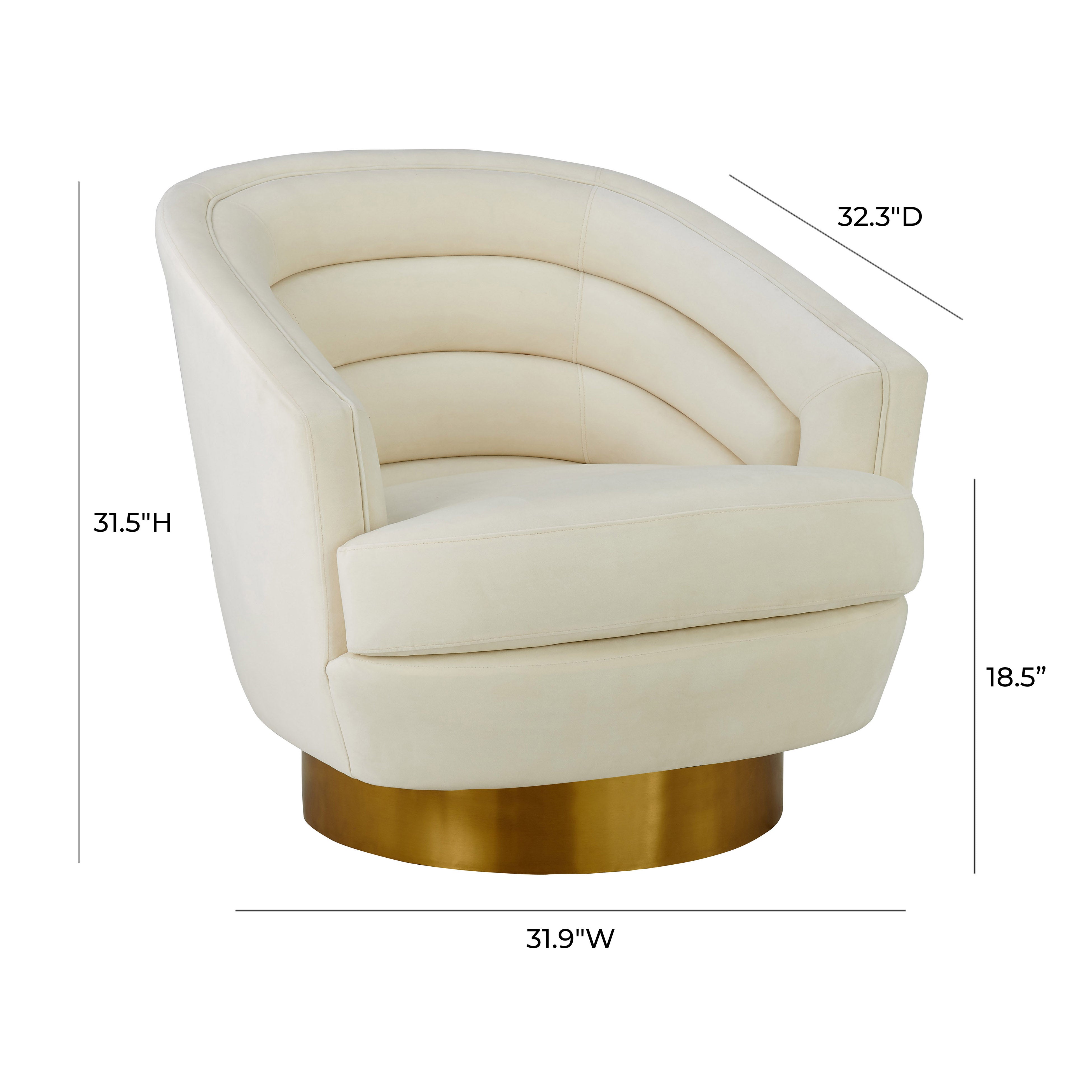Silla de acento de terciopelo crema y base dorado cepillado Ara dimensiones.