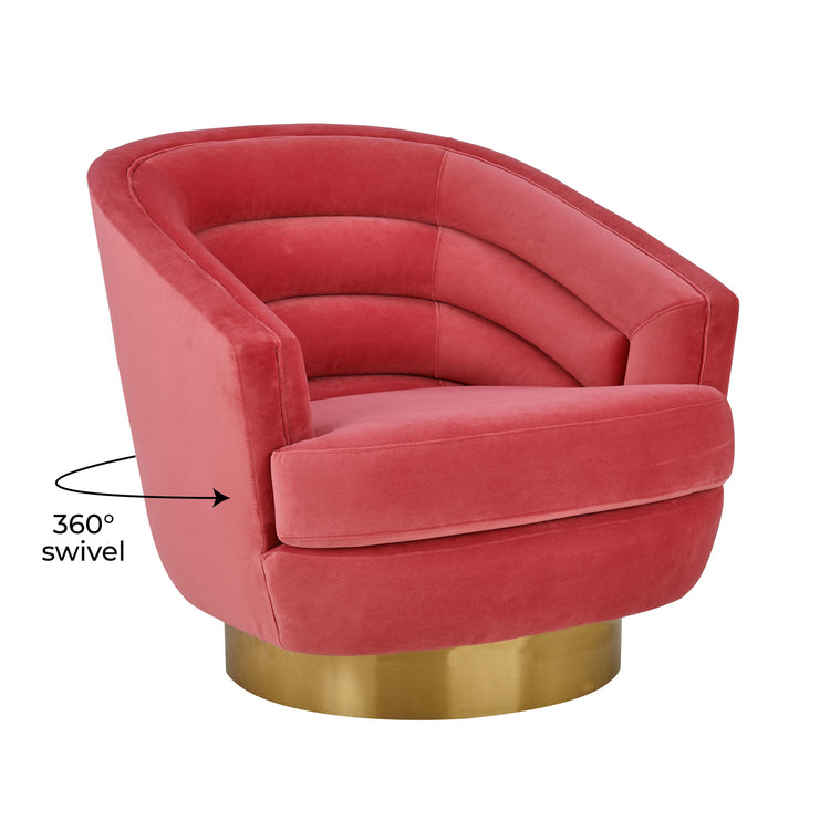Silla de acento de terciopelo rosa ardiente y base dorado cepillado Ara giratorio.