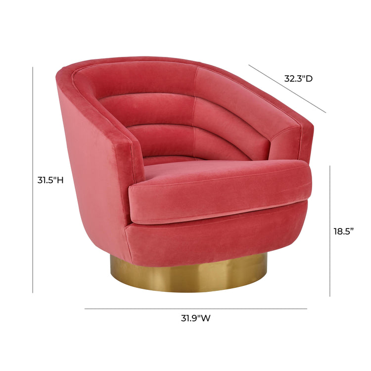 Silla de acento de terciopelo rosa ardiente y base dorado cepillado Ara dimensiones.