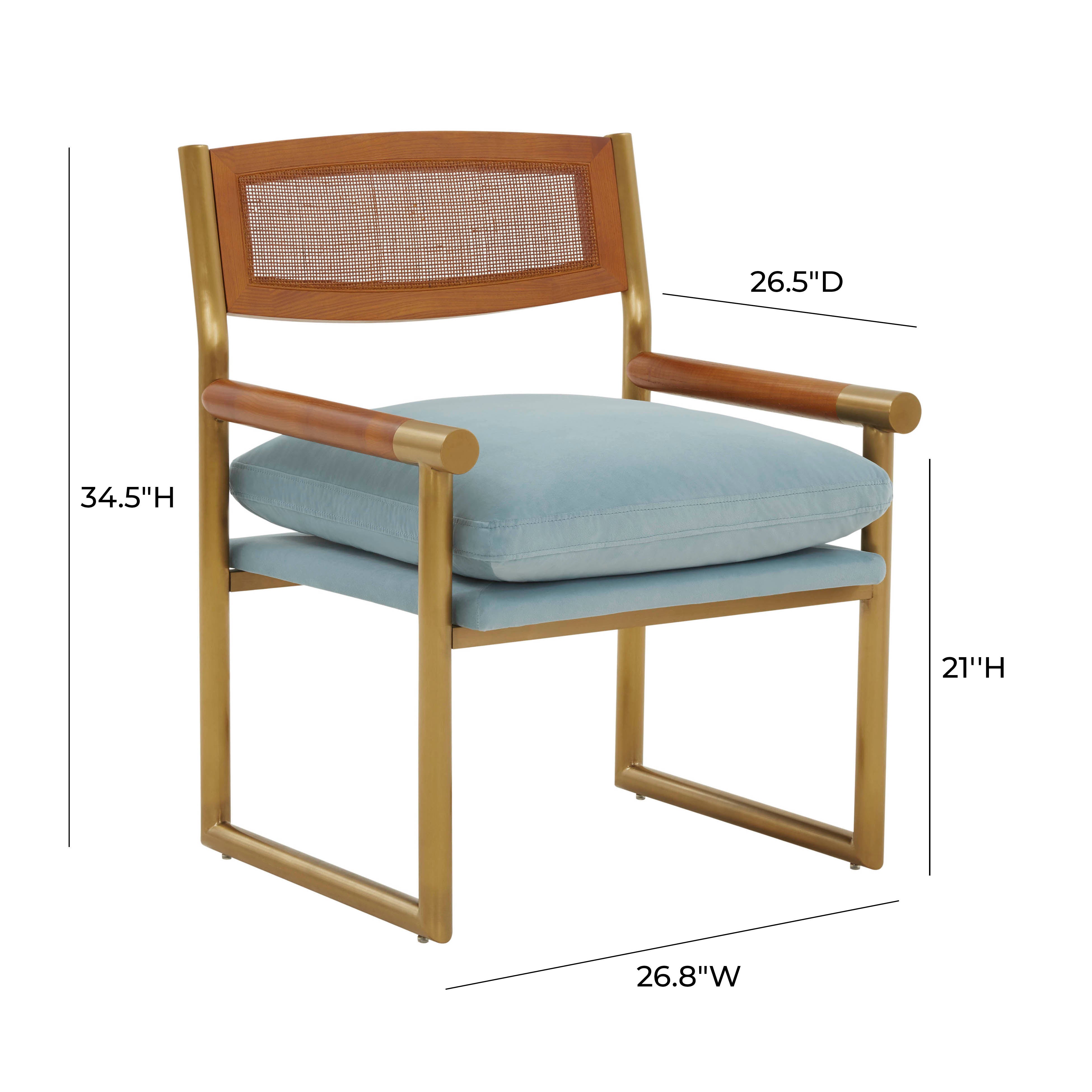 Silla de acento de tercopelo azul, ratán y acero inoxidable Rafe dimensiones.