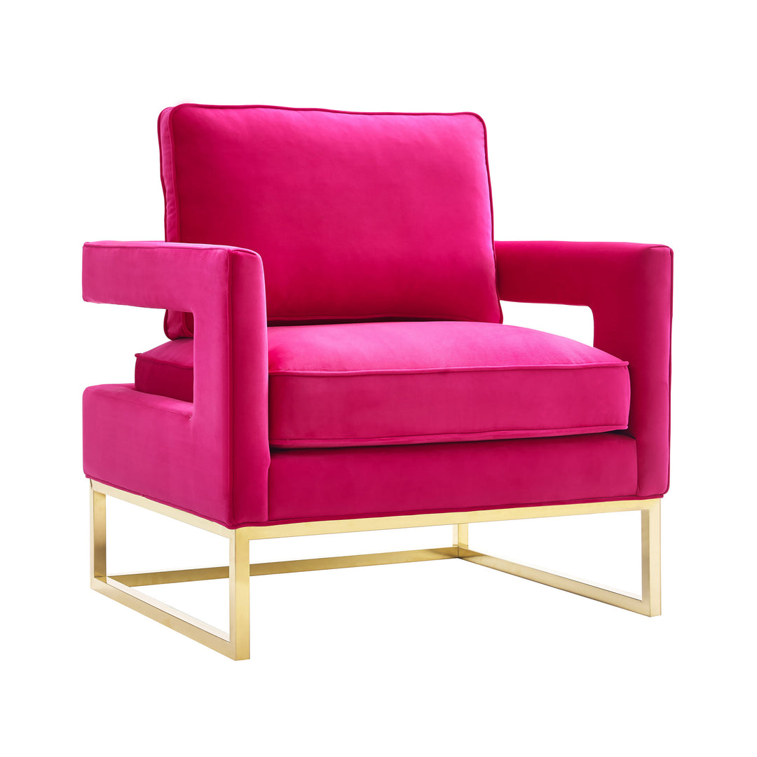 Silla de acento en terciopelo rosa y acero inoxidable dorado Aris.