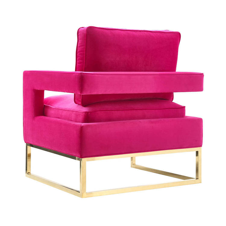 Silla de acento en terciopelo rosa y acero inoxidable dorado Aris de espaldas.