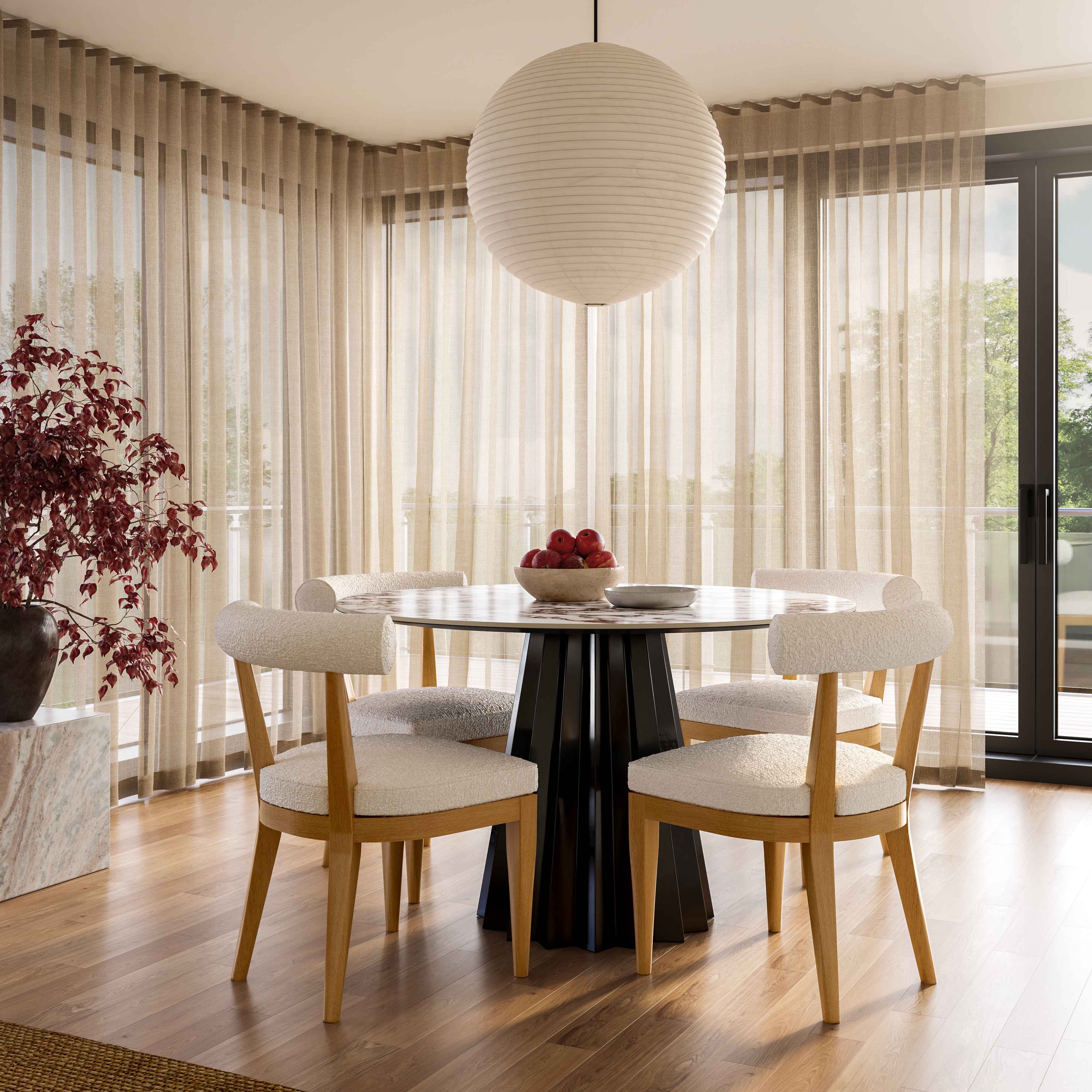 Silla de comedor de Madera y Boucle crema Livi en un Comedor Xing CRXI-01.