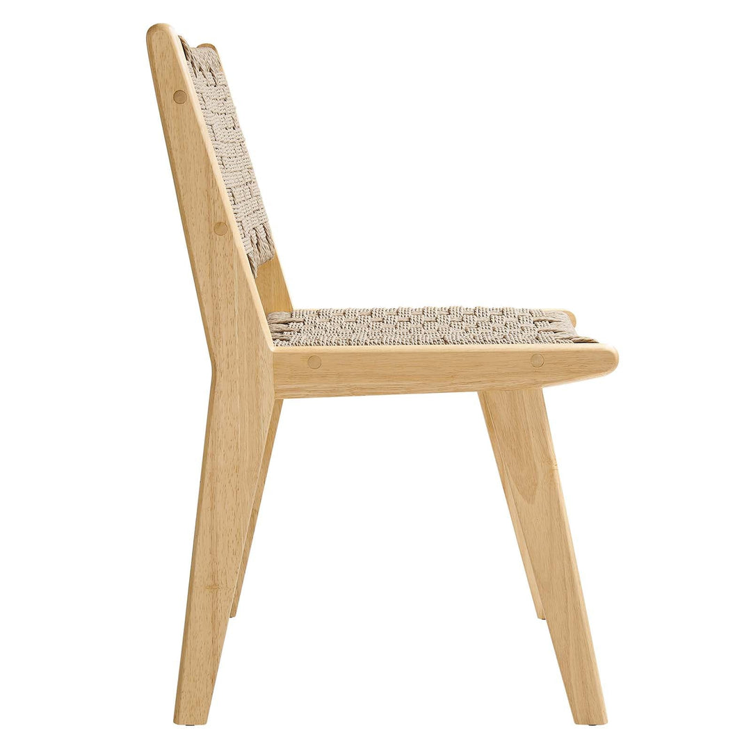 Silla de comedor de madera natural y cuerda tejida natural Stephen de lado.
