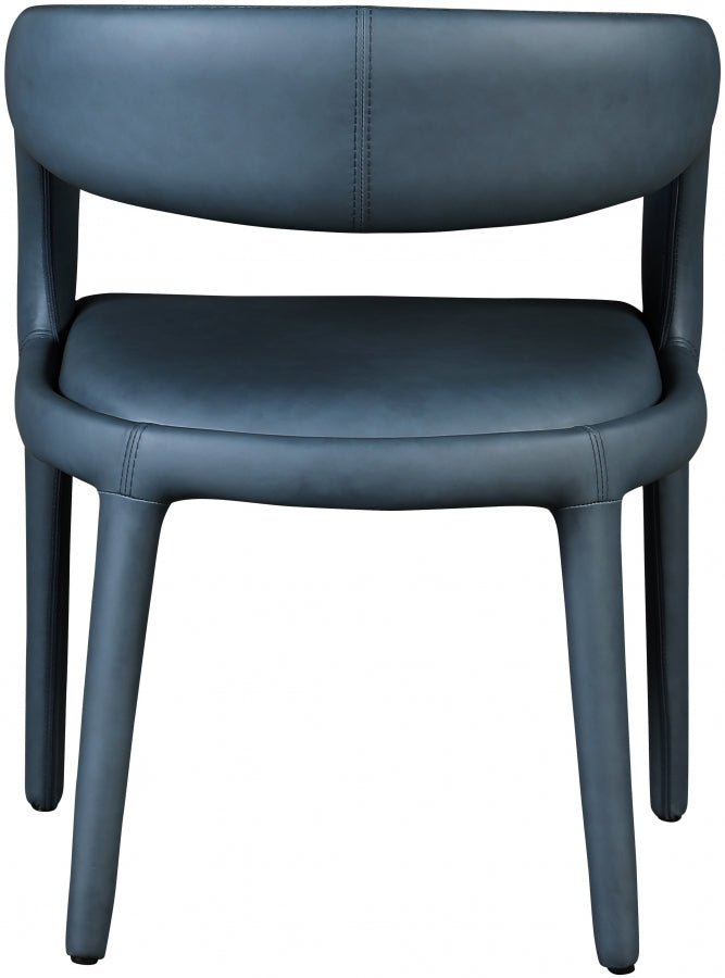 Silla de comedor de piel sintética color azul marino Aress de atrás.