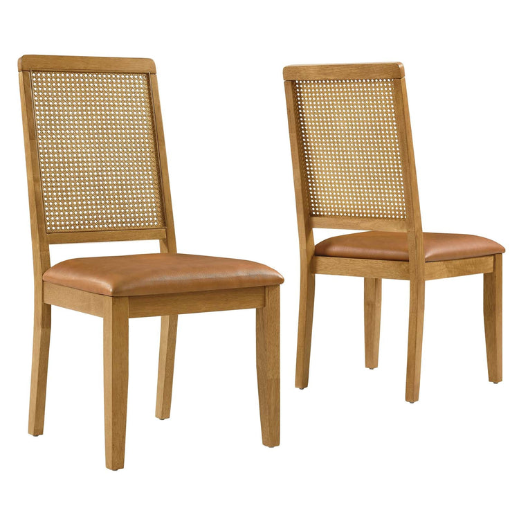 Silla de comedor de piel vegana color bronceado marco natural  con ratán sintético Enzo - juego de dos.