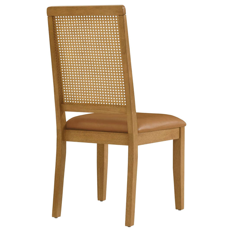Silla de comedor de piel vegana color bronceado marco natural  con ratán sintético Enzo de espaldas.