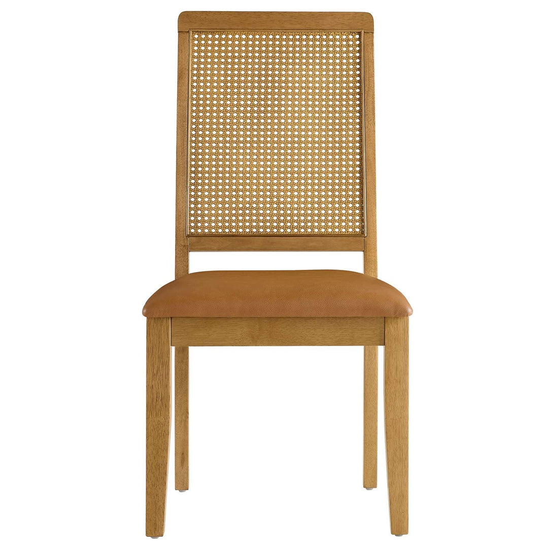 Silla de comedor de piel vegana color bronceado marco natural  con ratán sintético Enzo de frente.